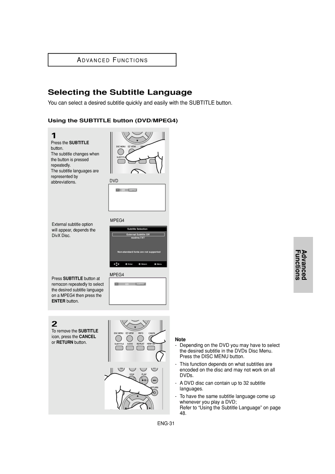 Samsung DVD-HD870 manual Selecting the Subtitle Language, Using the Subtitle button DVD/MPEG4, Advanced Functions 