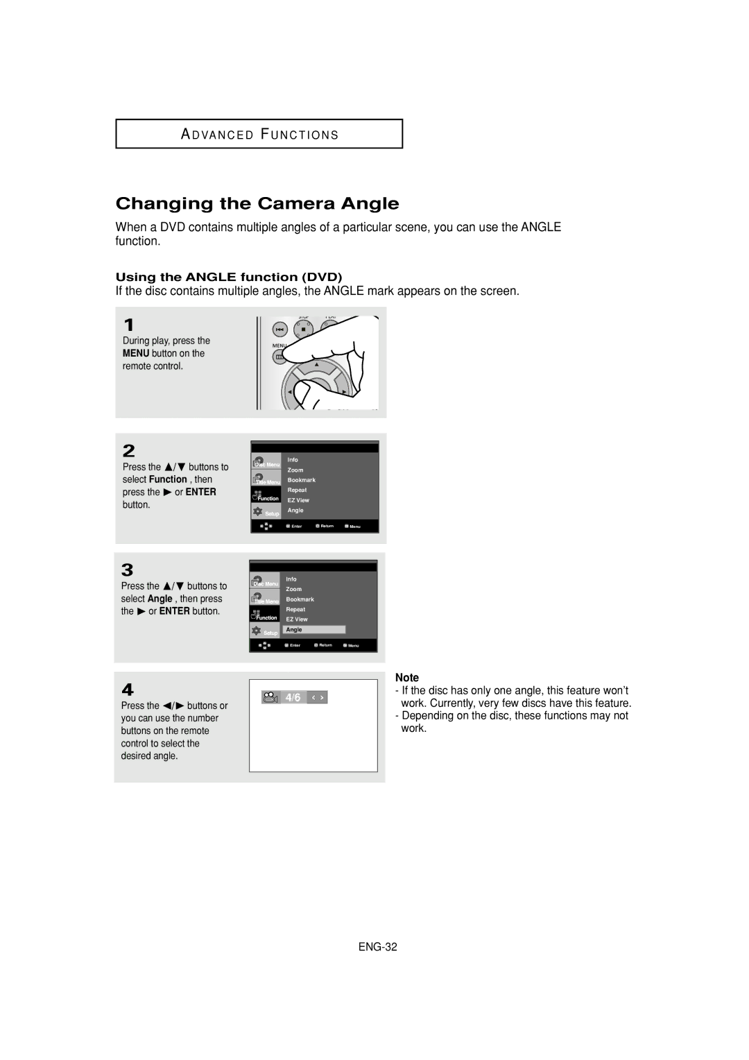 Samsung DVD-HD870 manual Changing the Camera Angle, Using the Angle function DVD 