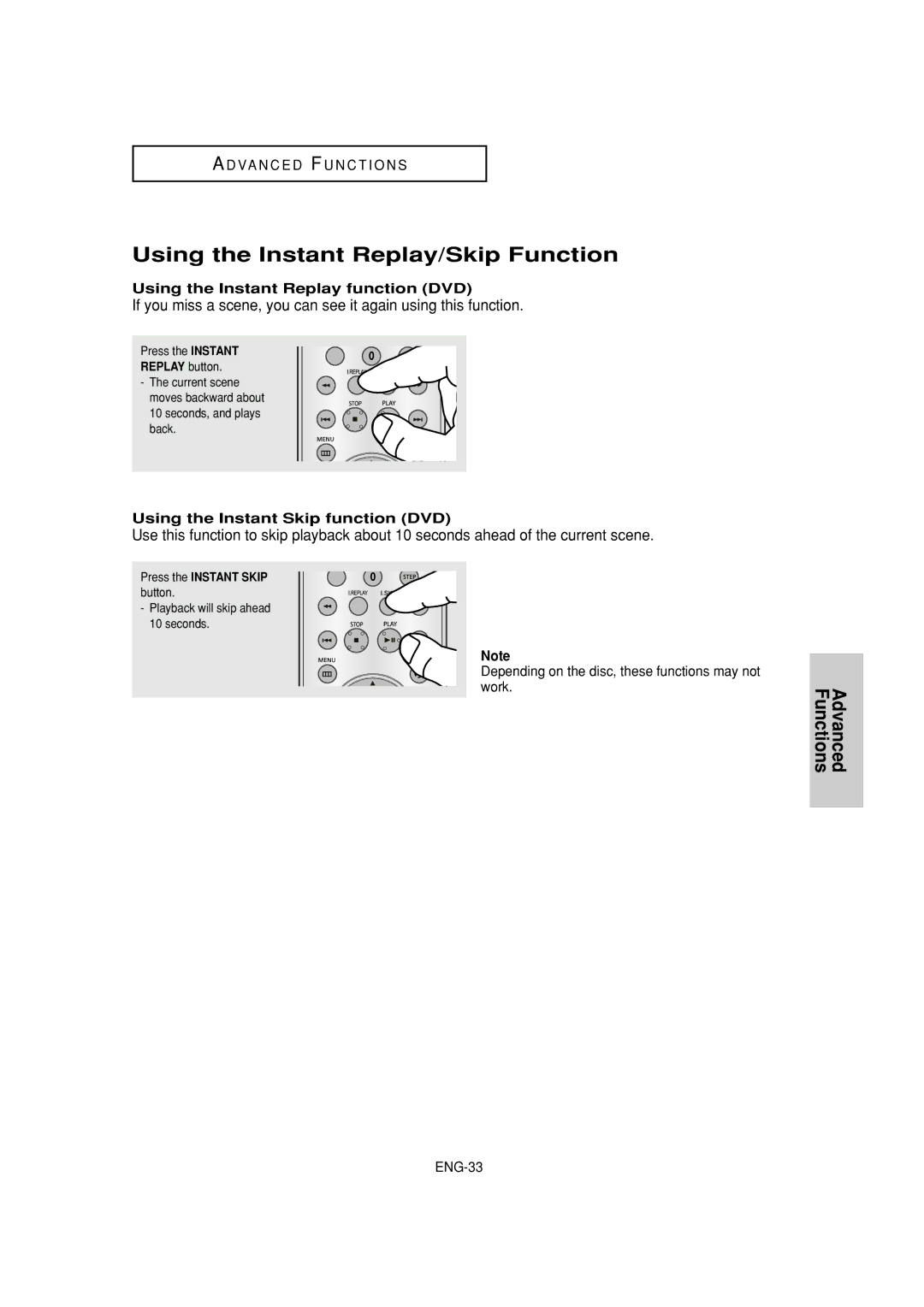 Samsung DVD-HD870 Using the Instant Replay/Skip Function, Using the Instant Replay function DVD, Press the Instant Skip 