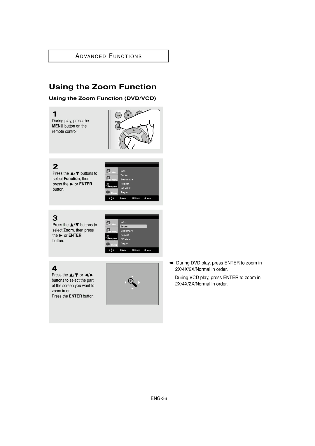 Samsung DVD-HD870 manual Using the Zoom Function DVD/VCD 