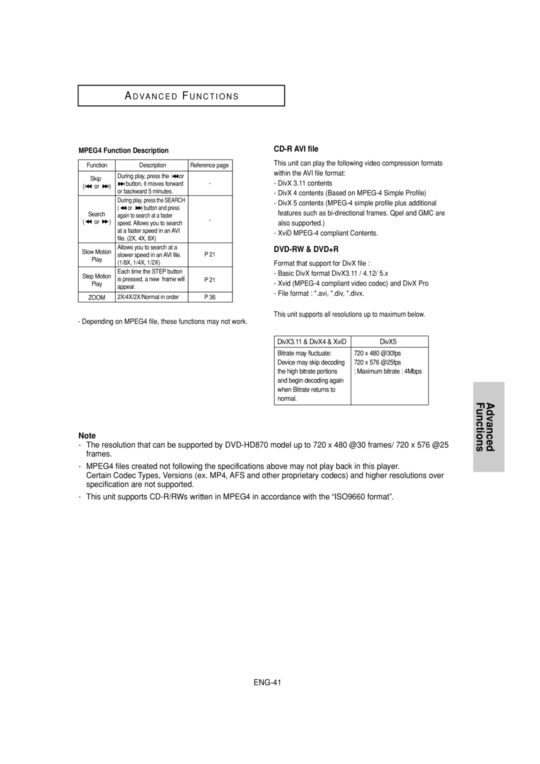 Samsung DVD-HD870 CD-R AVI file, MPEG4 Function Description, Depending on MPEG4 file, these functions may not work, DivX5 