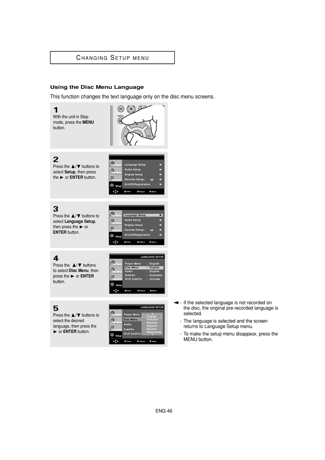 Samsung DVD-HD870 manual Using the Disc Menu Language 