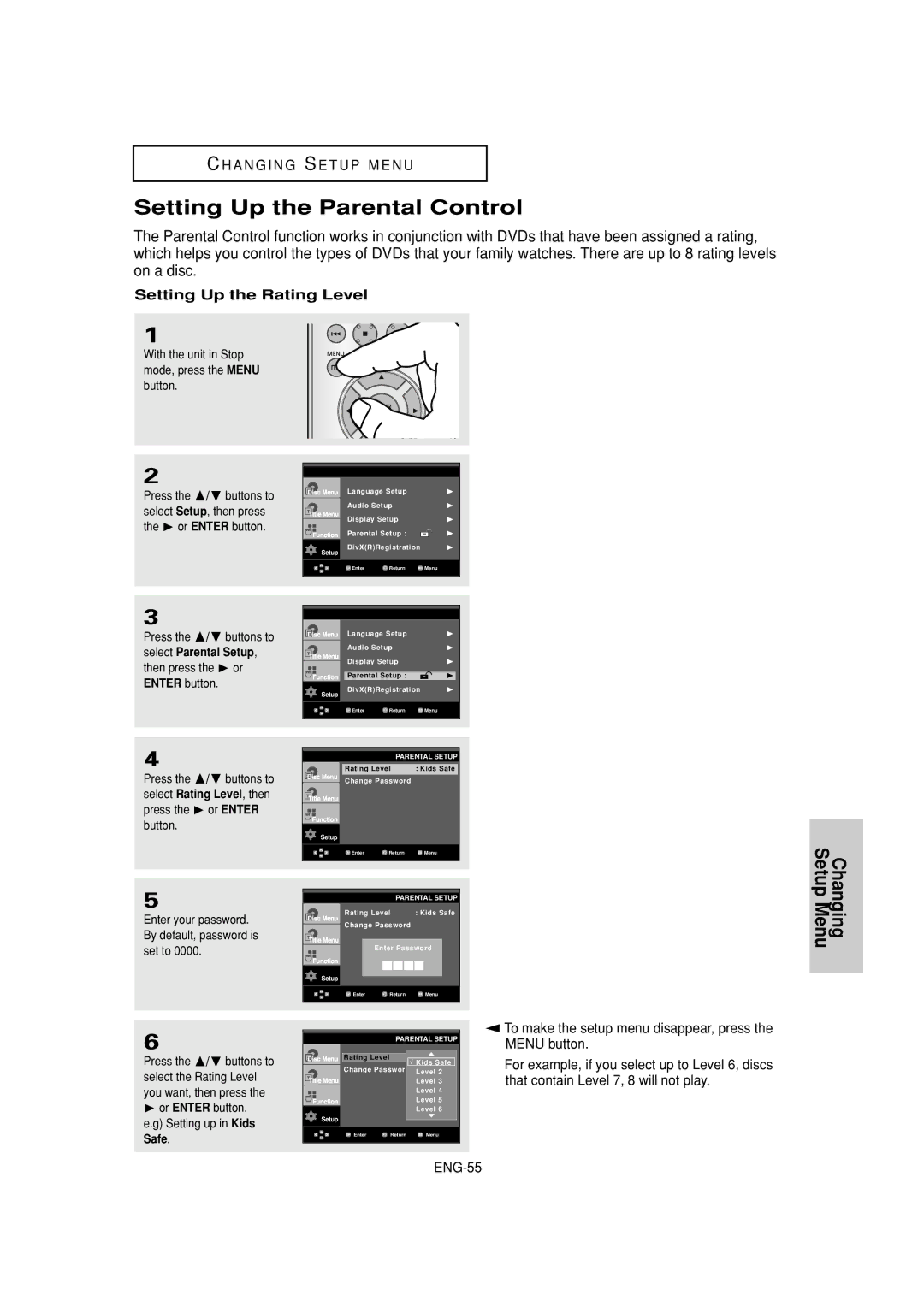 Samsung DVD-HD870 manual Setting Up the Parental Control, Setting Up the Rating Level 