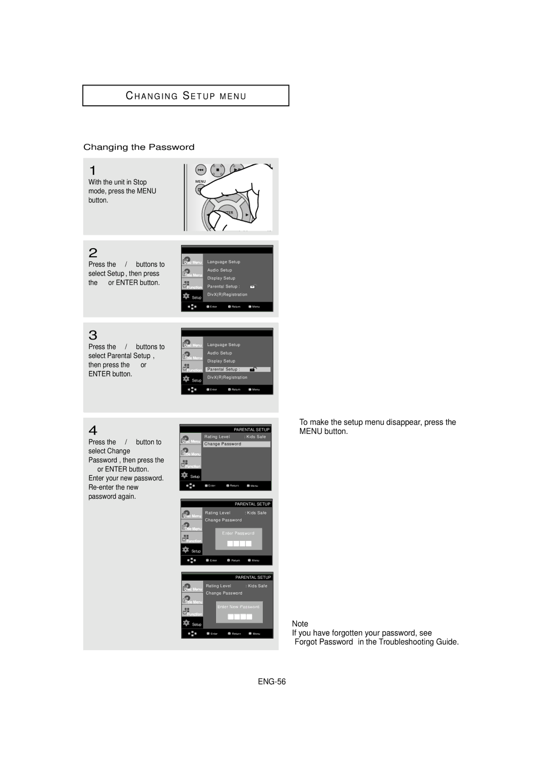 Samsung DVD-HD870 manual Changing the Password, Select Setup, then press 