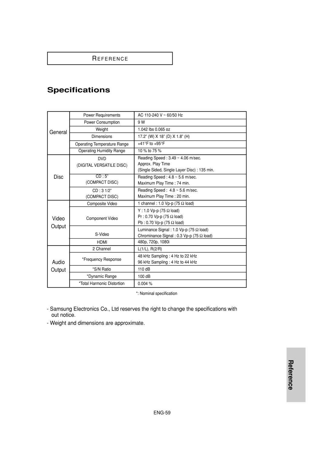 Samsung DVD-HD870 manual Specifications 