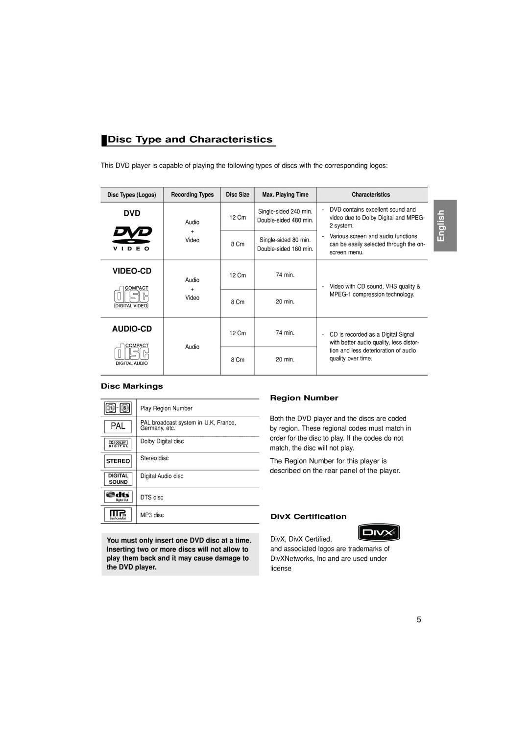 Samsung DVD-HD870/UMG, DVD-HD870/AND, DVD-HD870/HAC manual Disc Type and Characteristics, Disc Markings, DivX Certification 