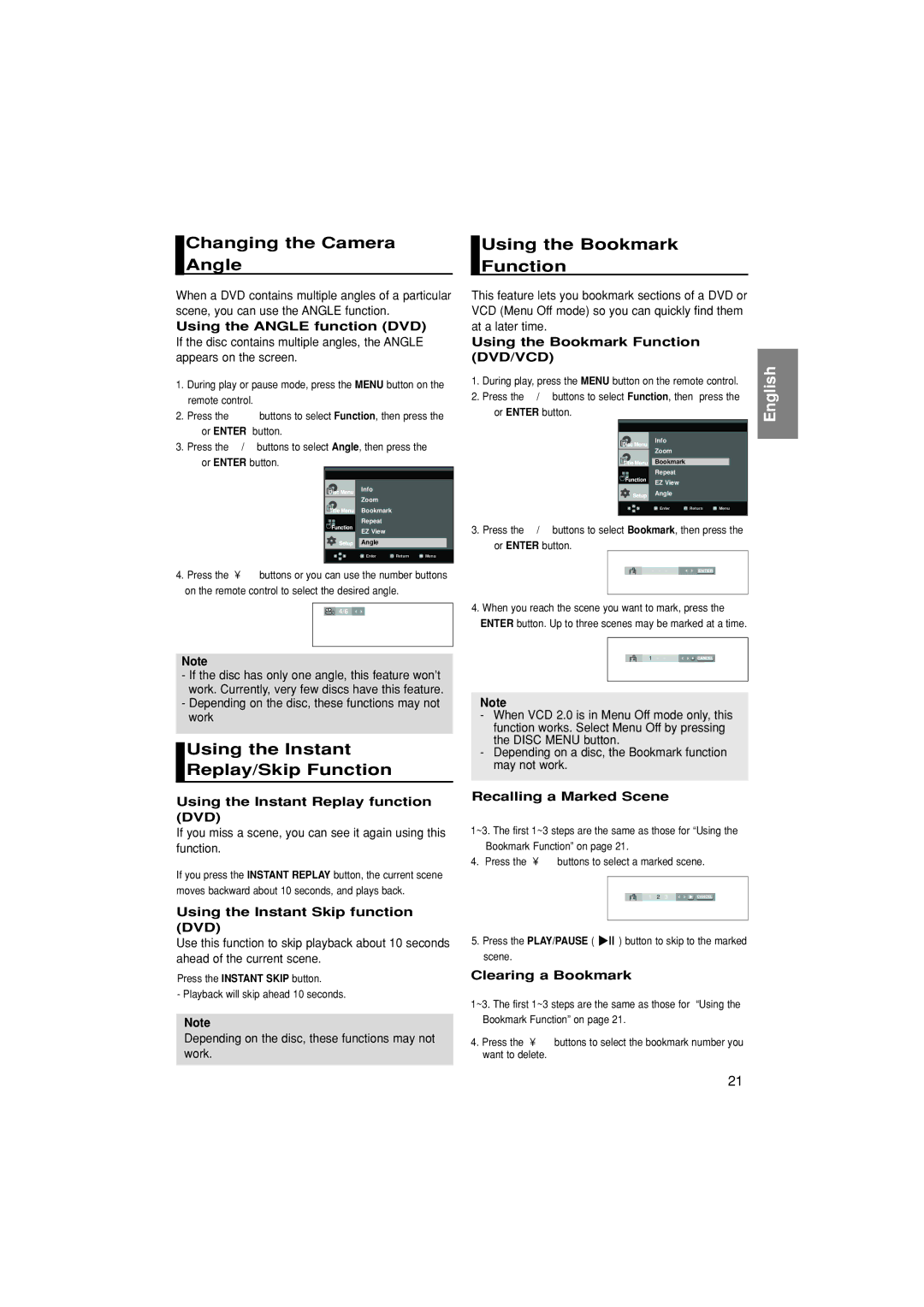 Samsung DVD-HD870/HAC manual Changing the Camera Angle, Using the Instant Replay/Skip Function, Using the Bookmark Function 