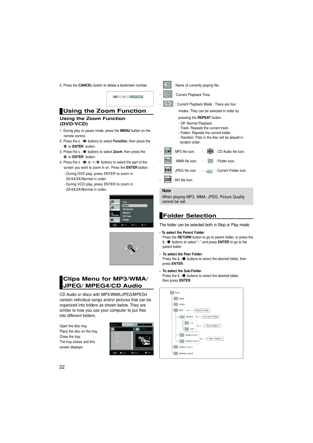 Samsung DVD-HD870/XSG manual Using the Zoom Function, Clips Menu for MP3/WMA/ JPEG/ MPEG4/CD Audio, Folder Selection 