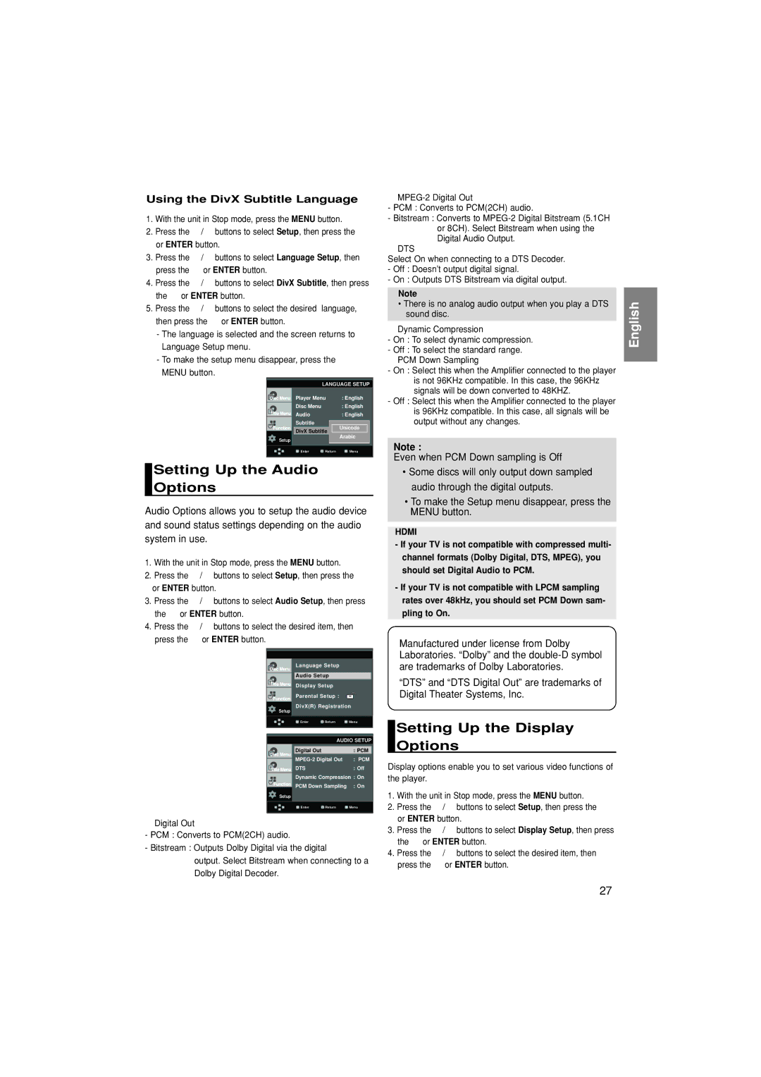 Samsung DVD-HD870/XSG manual Setting Up the Audio Options, Setting Up the Display Options, Using the DivX Subtitle Language 