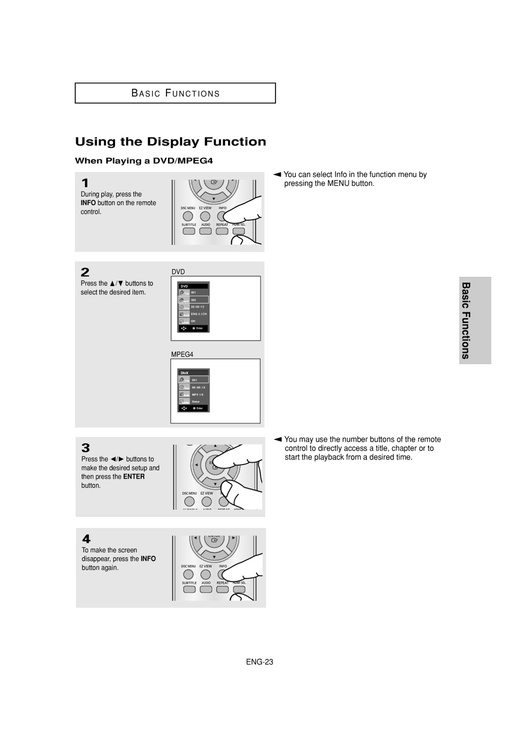 Samsung DVD-HD870C manual Using the Display Function, When Playing a DVD/MPEG4 