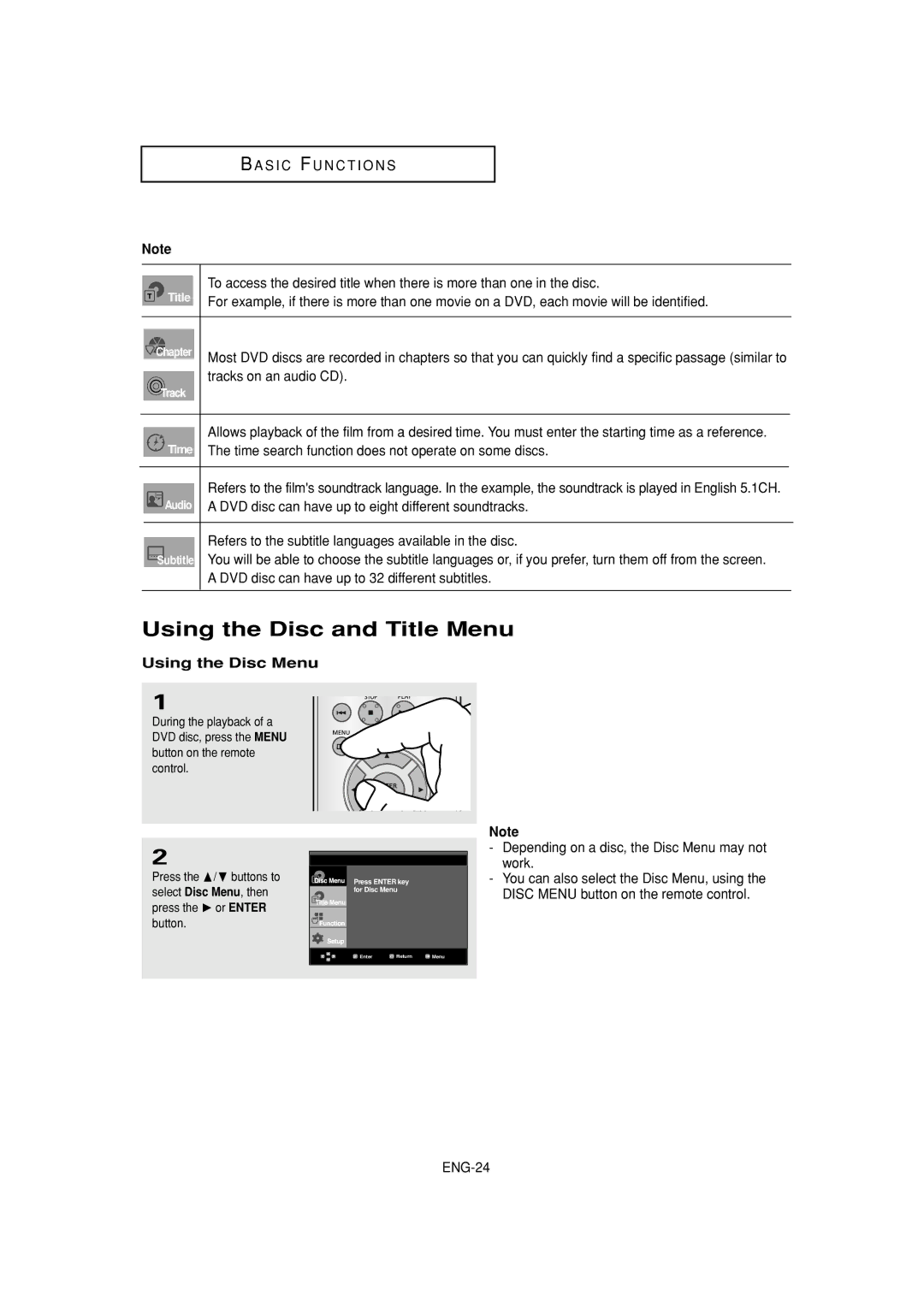 Samsung DVD-HD870C Using the Disc and Title Menu, Using the Disc Menu, Select Disc Menu, then, Press the ❿ or Enter Button 