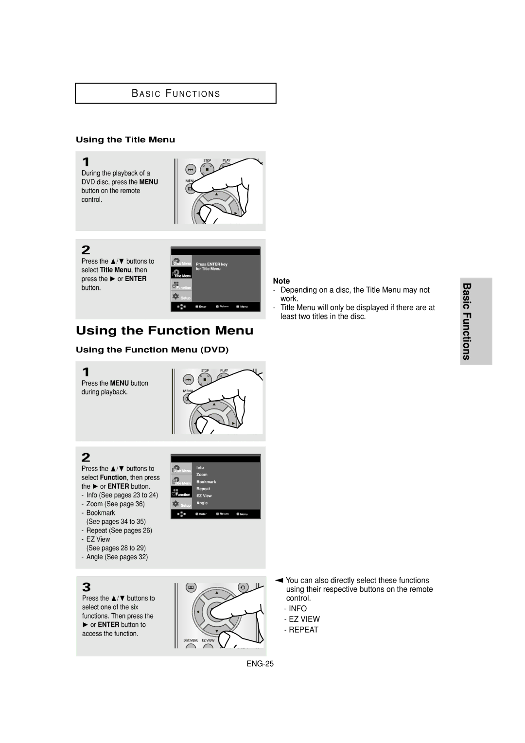 Samsung DVD-HD870C manual Using the Title Menu, Using the Function Menu DVD, Select Title Menu, then 