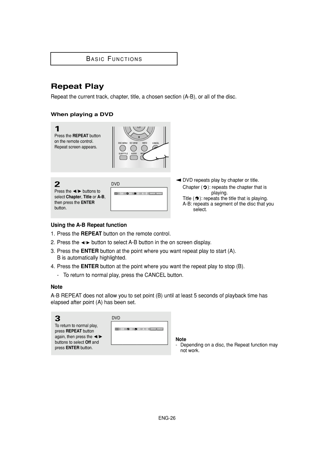 Samsung DVD-HD870C manual Repeat Play, Using the A-B Repeat function, When playing a DVD, Press the / ❿ buttons to 