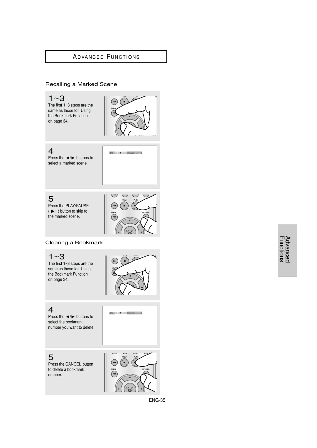 Samsung DVD-HD870C Recalling a Marked Scene, Clearing a Bookmark, Press the Cancel button to delete a bookmark number 