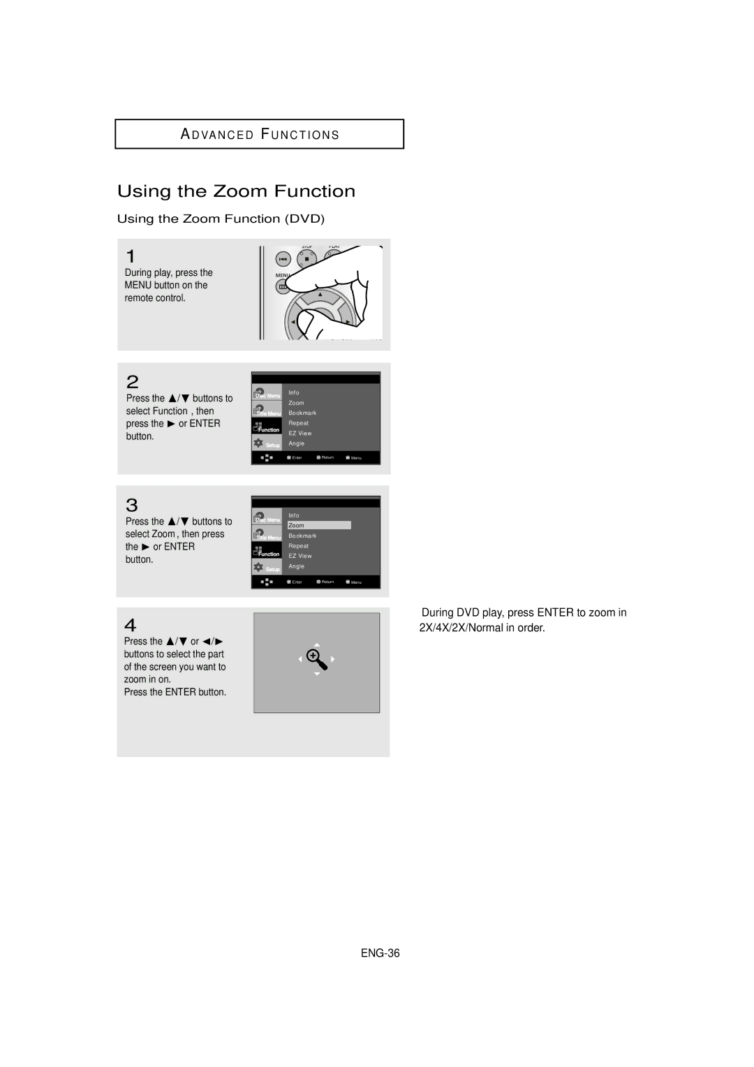 Samsung DVD-HD870C manual Using the Zoom Function DVD 