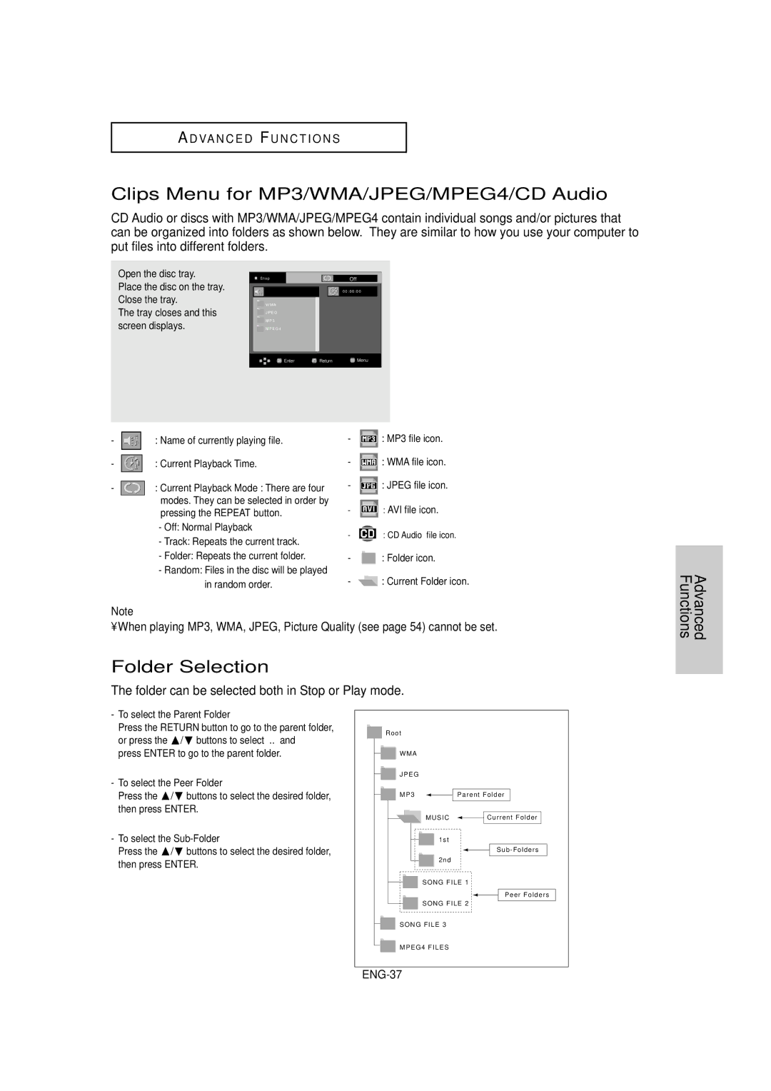 Samsung DVD-HD870C manual Clips Menu for MP3/WMA/JPEG/MPEG4/CD Audio, Folder Selection, To select the Parent Folder 