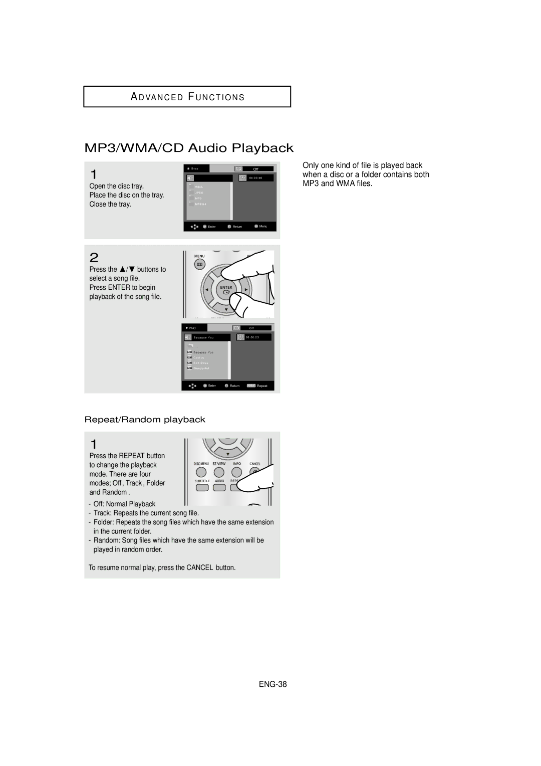 Samsung DVD-HD870C manual MP3/WMA/CD Audio Playback, Repeat/Random playback, Press the /❷ buttons to select a song file 