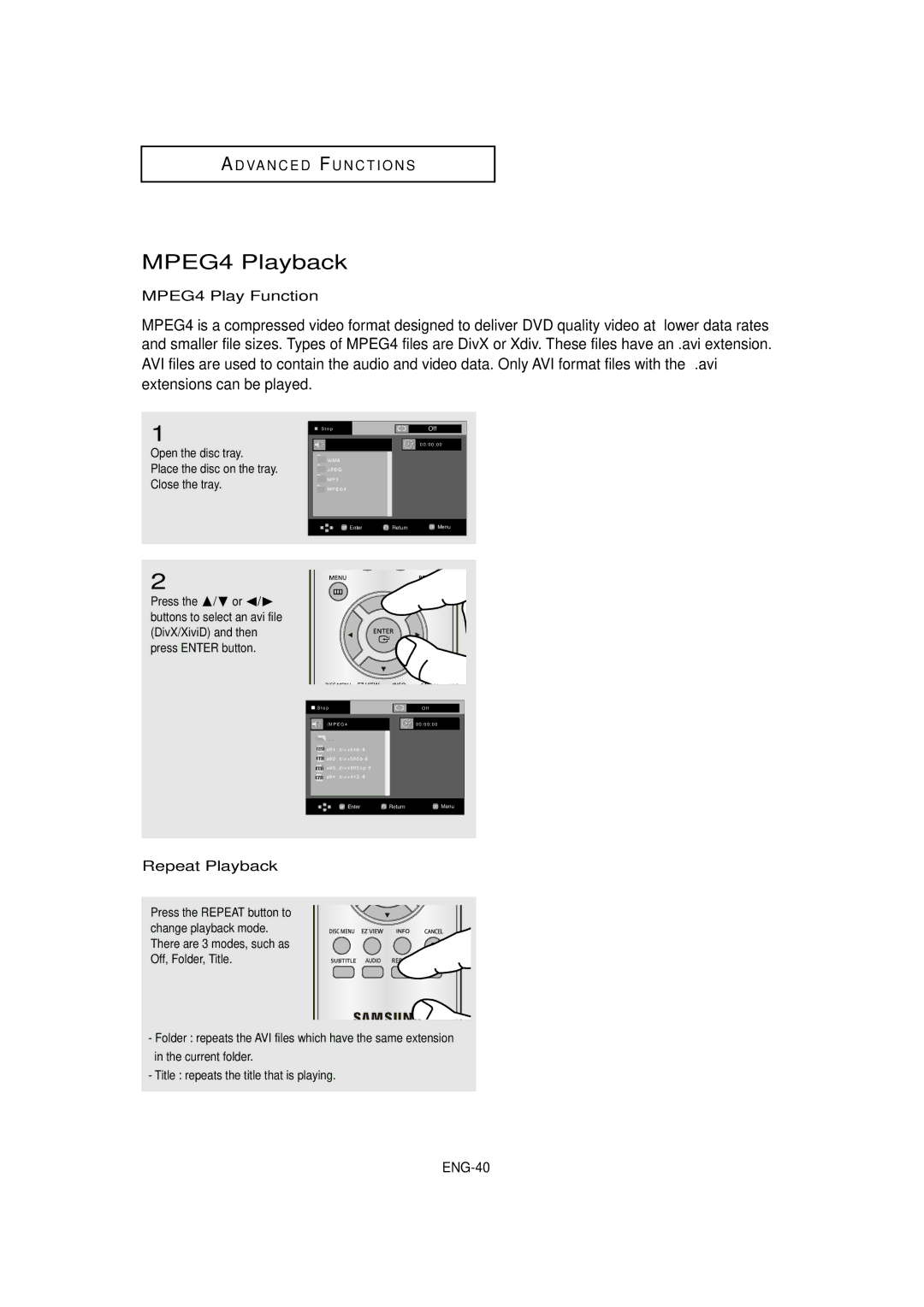 Samsung DVD-HD870C manual MPEG4 Playback, MPEG4 Play Function, Repeat Playback 