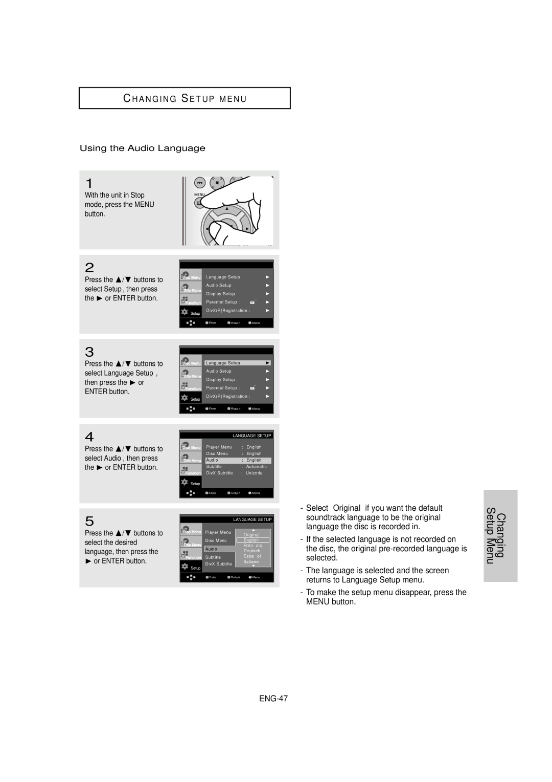 Samsung DVD-HD870C manual Using the Audio Language, Disc, the original pre-recorded language is 