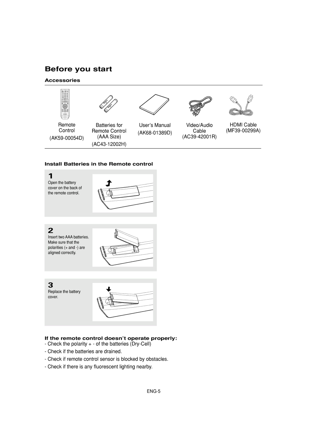 Samsung DVD-HD870C manual Before you start, Accessories, Install Batteries in the Remote control, Replace the battery cover 