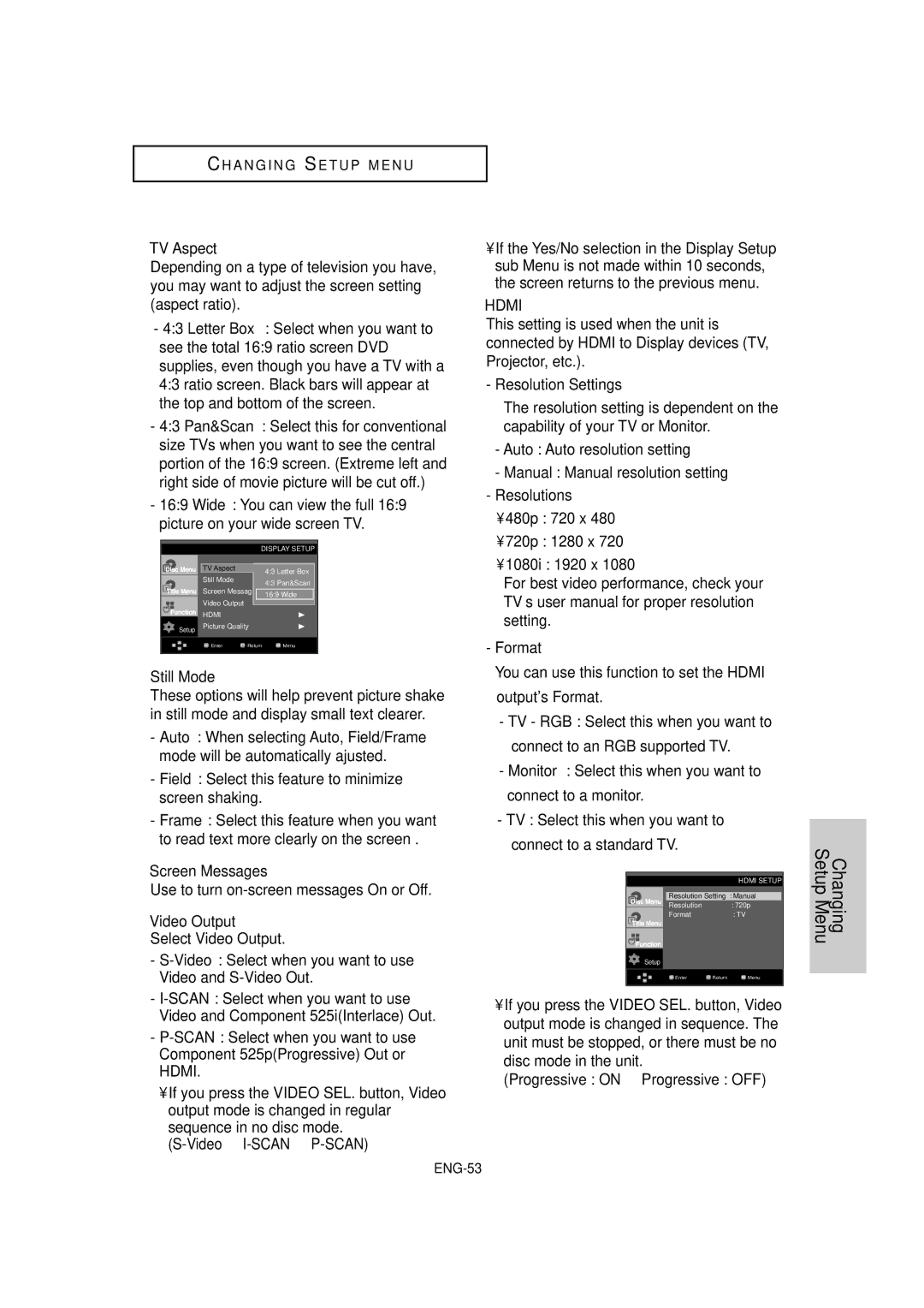 Samsung DVD-HD870C ❶ TV Aspect, ❷ Still Mode, ❸ Screen Messages, ❹ Video Output Select Video Output, Resolution Settings 