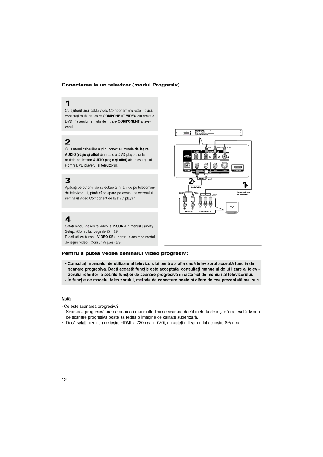 Samsung DVD-HD870/SAM manual Conectarea la un televizor modul Progresiv, Pentru a putea vedea semnalul video progresiv 