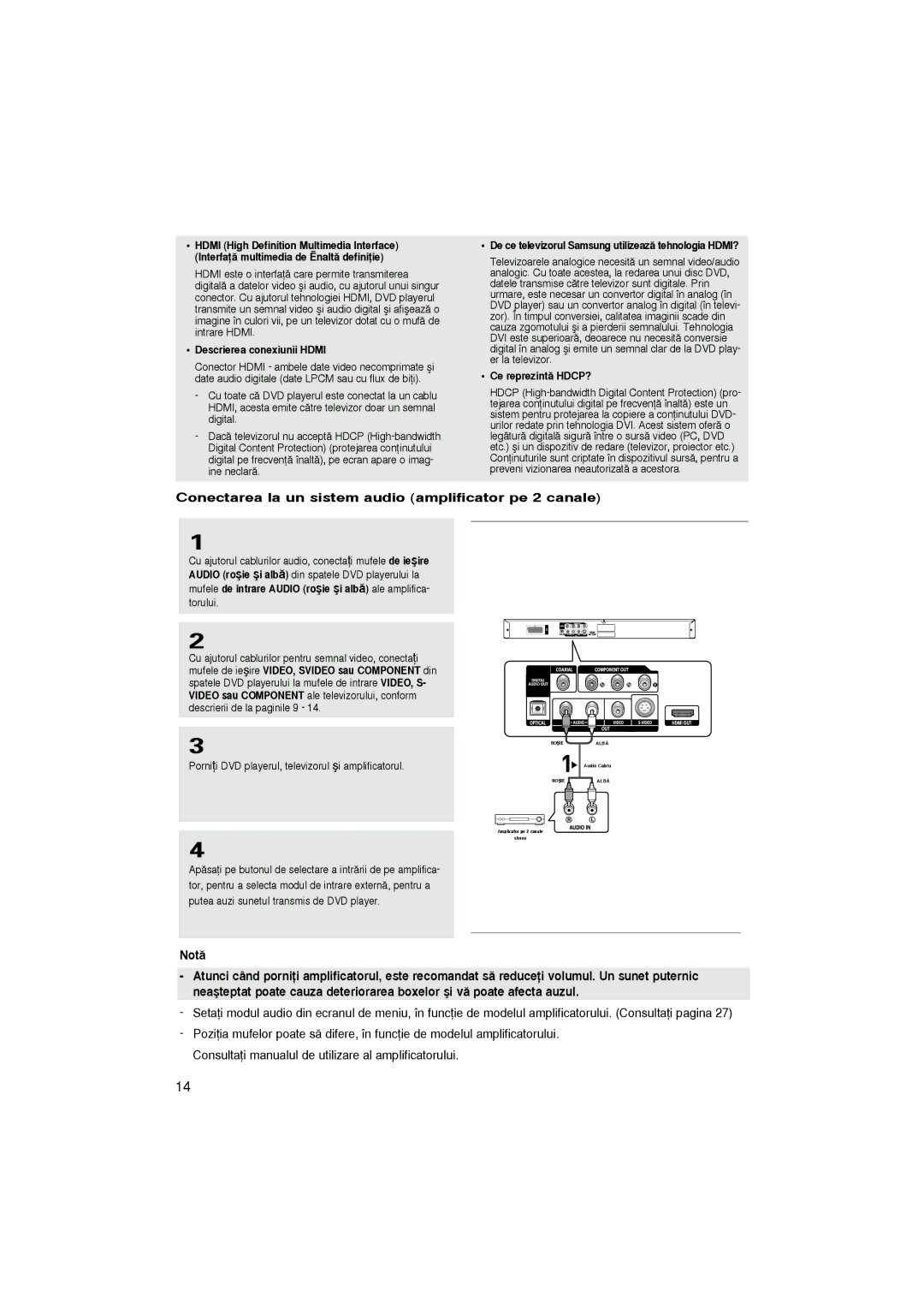 Samsung DVD-HD870/XEC, DVD-HD870/EUR Conectarea la un sistem audio amplificator pe 2 canale, Descrierea conexiunii Hdmi 