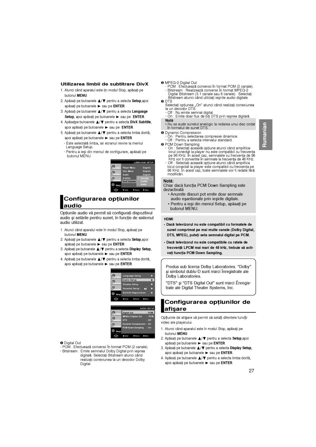 Samsung DVD-HD870/XSG, DVD-HD870/EUR, DVD-HD870/XEC manual Configurarea opiunilor audio, Configurarea opiunilor de afi≥are 