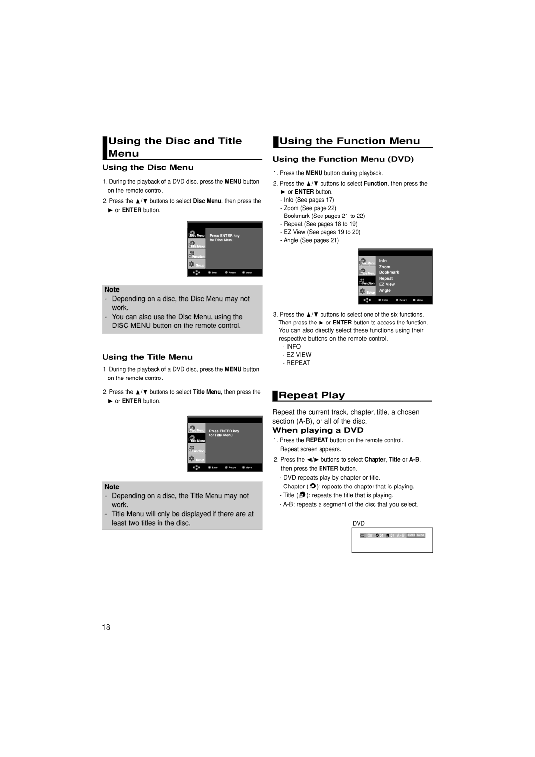 Samsung DVD-HD870/EUR, DVD-HD870/XEC, DVD-HD870/AND Using the Disc and Title Menu, Using the Function Menu, Repeat Play 