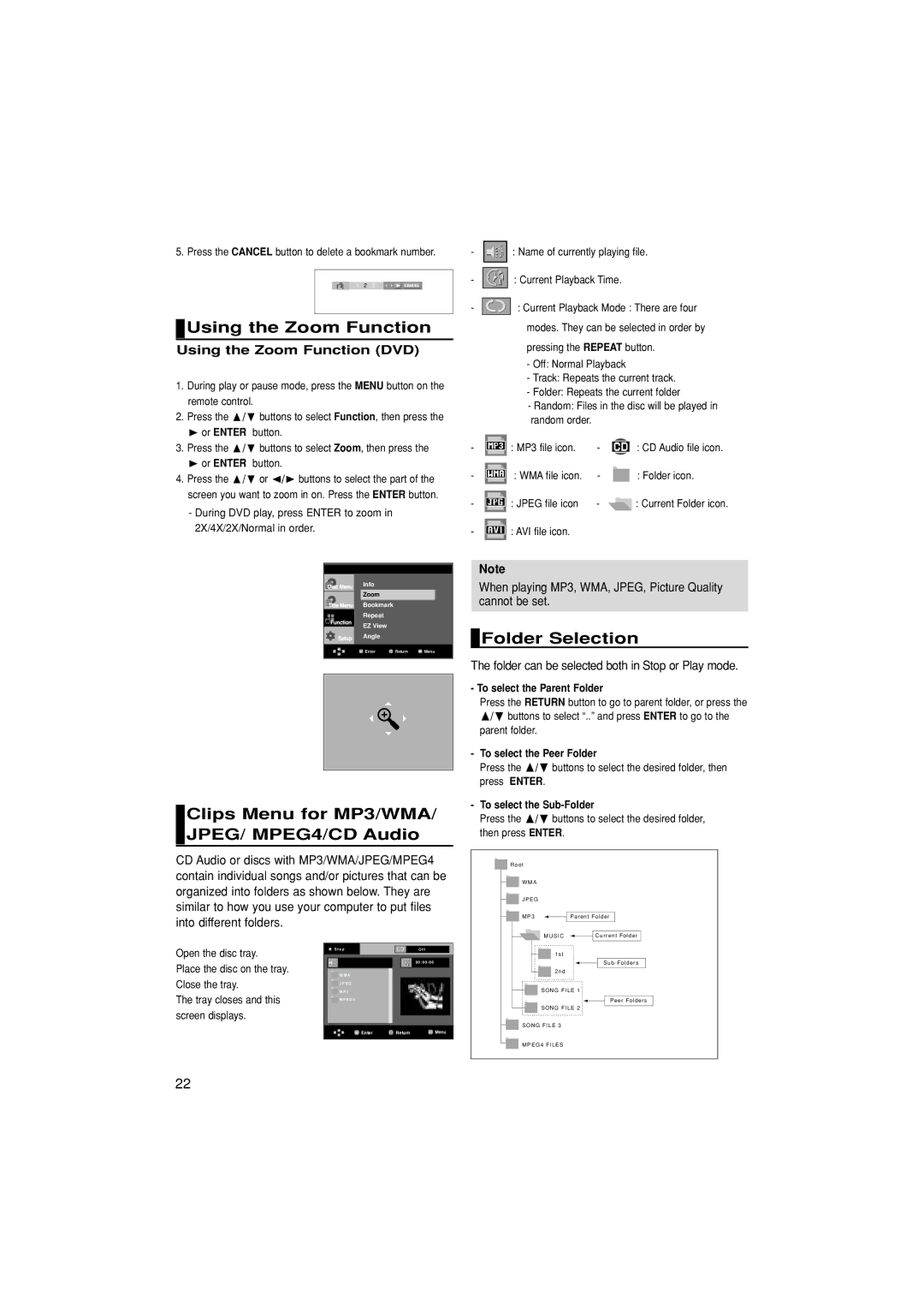 Samsung DVD-HD870/HAC manual Using the Zoom Function, Clips Menu for MP3/WMA/ JPEG/ MPEG4/CD Audio, Folder Selection 