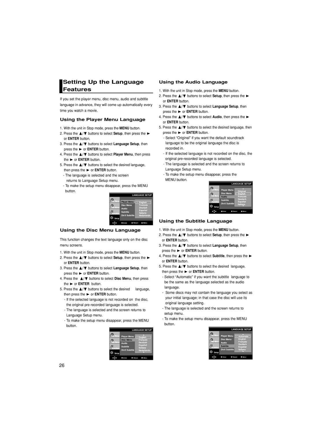 Samsung DVD-HD870/SAM manual Setting Up the Language Features, Using the Player Menu Language, Using the Disc Menu Language 