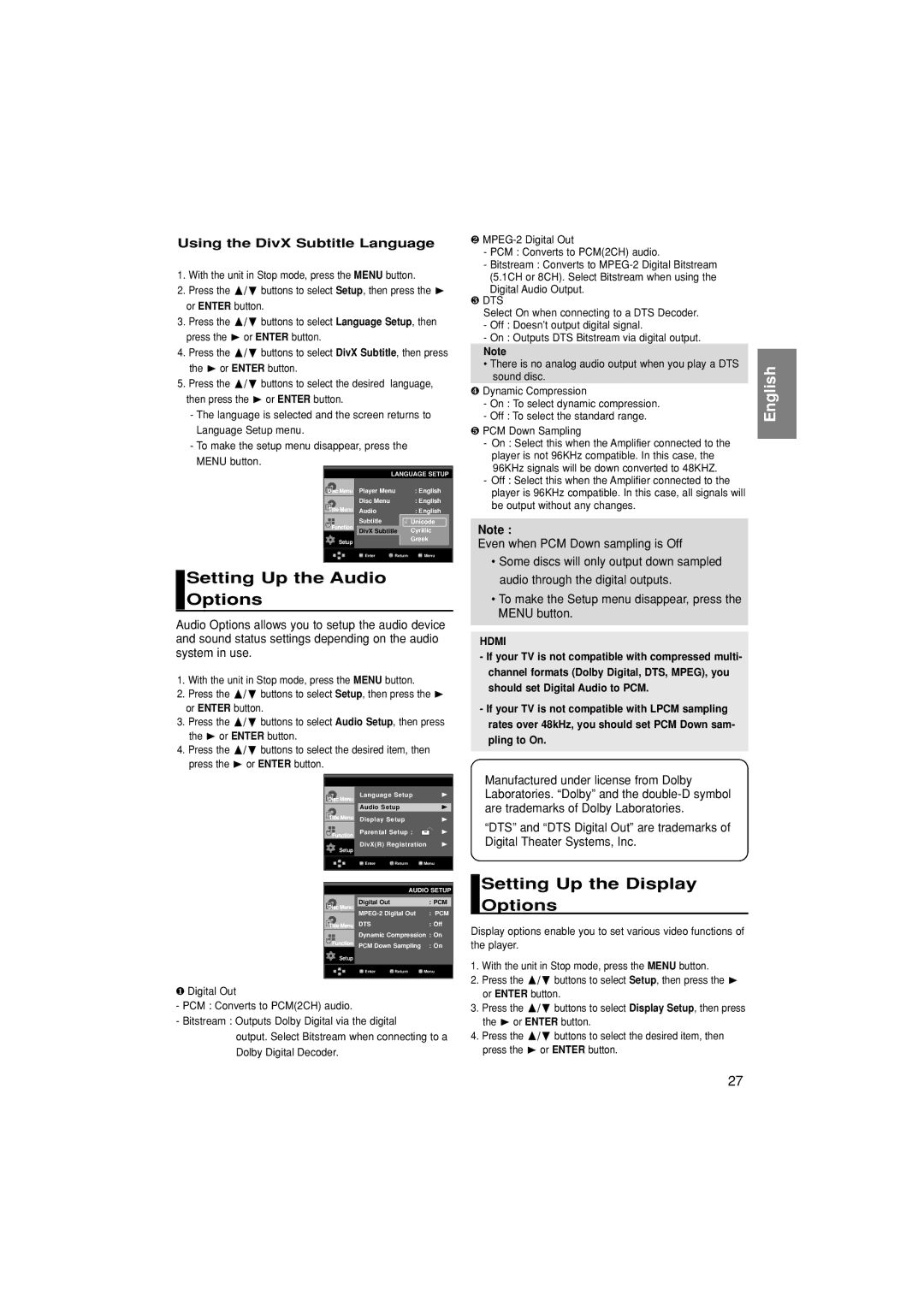 Samsung DVD-HD870/EUR manual Setting Up the Audio Options, Setting Up the Display Options, Using the DivX Subtitle Language 