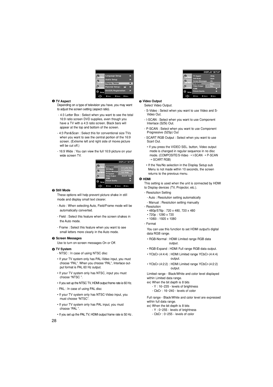 Samsung DVD-HD870/XEC, DVD-HD870/EUR manual ❶ TV Aspect, ❷ Still Mode, ❸ Screen Messages, ❹ TV System, ❺ Video Output 