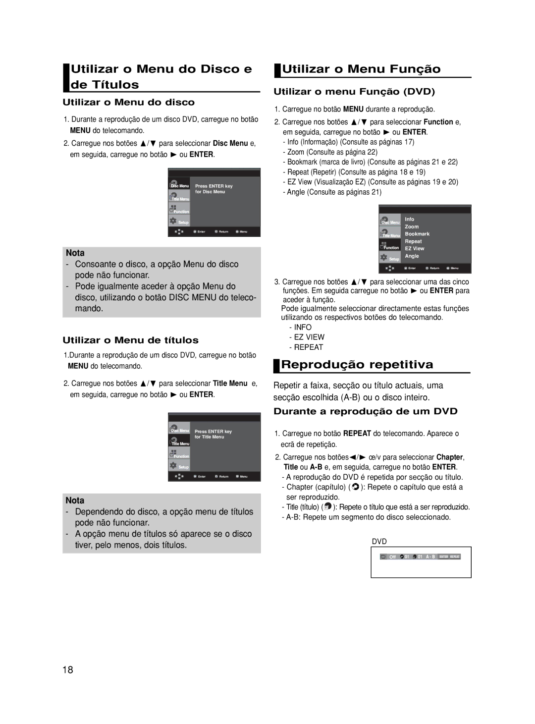 Samsung DVD-HD870/EUR, DVD-HD870/XEC Utilizar o Menu do Disco e de Títulos, Utilizar o Menu Função, Reprodução repetitiva 
