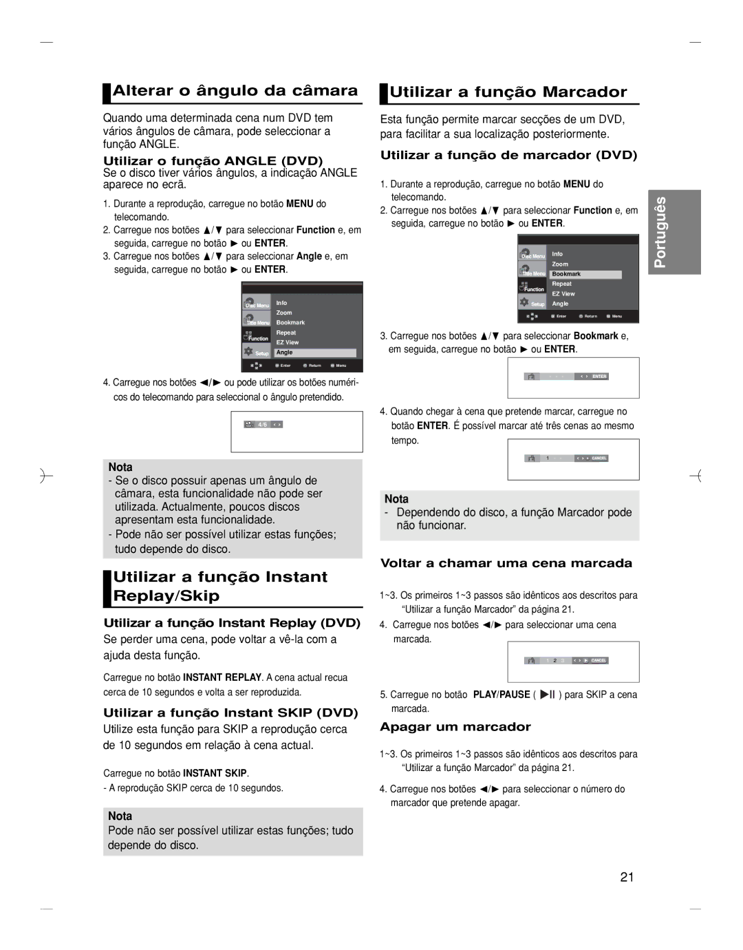 Samsung DVD-HD870/XEC manual Alterar o ângulo da câmara, Utilizar a função Instant Replay/Skip, Utilizar a função Marcador 