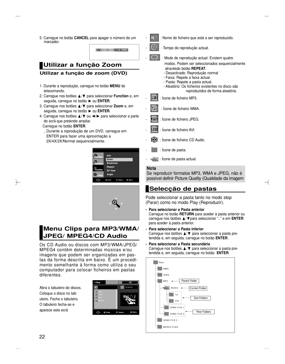 Samsung DVD-HD870/EUR manual Utilizar a função Zoom, Menu Clips para MP3/WMA/ JPEG/ MPEG4/CD Audio, Selecção de pastas 