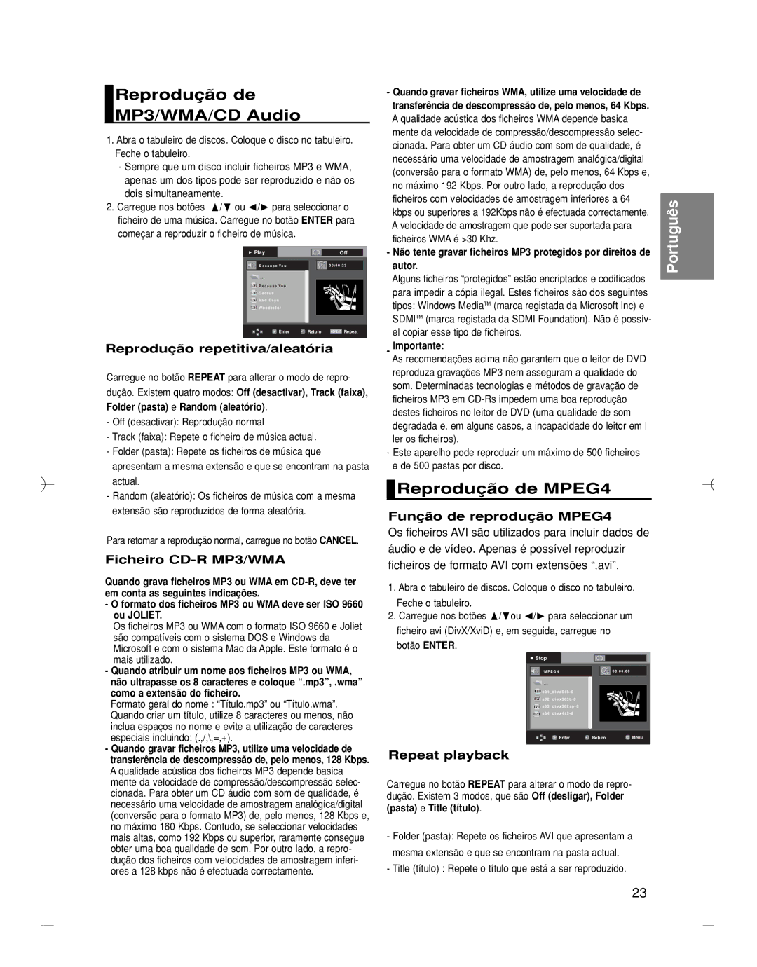 Samsung DVD-HD870/XEC, DVD-HD870/EUR manual Reprodução de MP3/WMA/CD Audio, Reprodução de MPEG4 