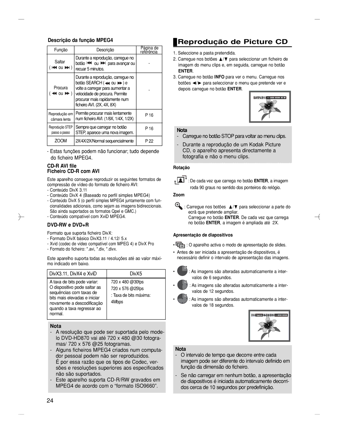 Samsung DVD-HD870/EUR manual Reprodução de Picture CD, Descrição da função MPEG4, CD-R AVI file Ficheiro CD-R com AVI 