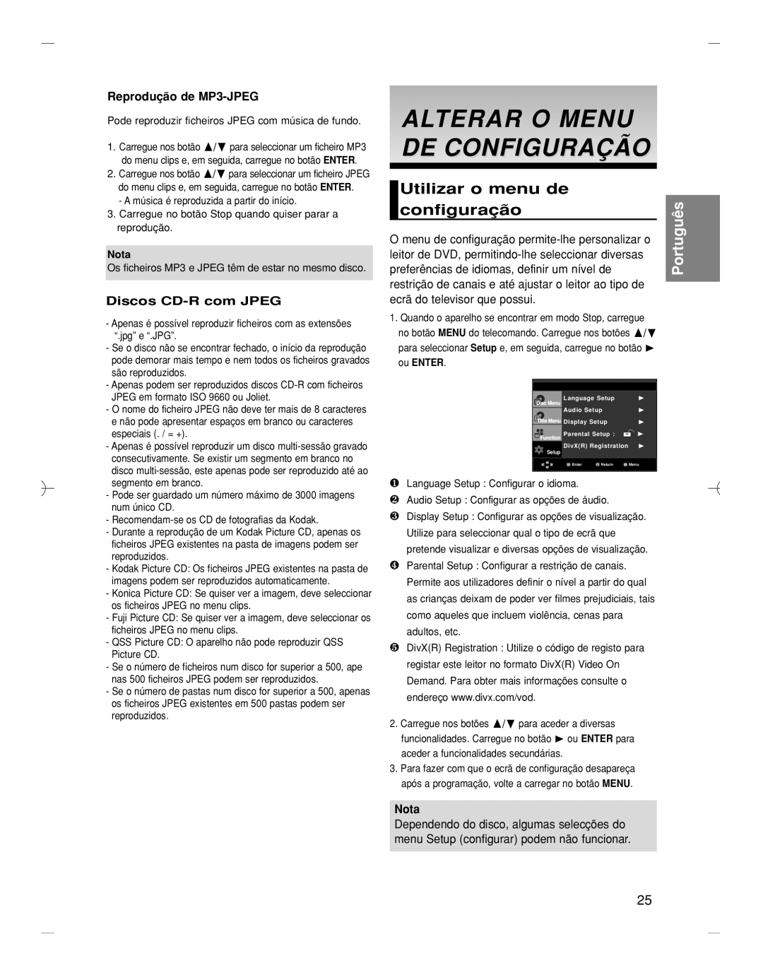 Samsung DVD-HD870/XEC manual Alterar O Menu DE Configuração, Utilizar o menu de configuração, Reprodução de MP3-JPEG, Nota 