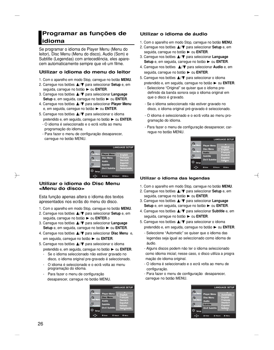 Samsung DVD-HD870/EUR Programar as funções de idioma, Utilizar o idioma do menu do leitor, Utilizar o idioma de áudio 