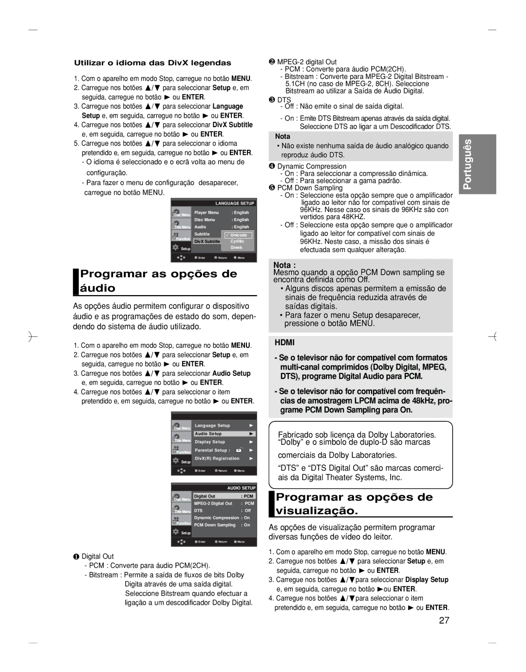 Samsung DVD-HD870/XEC, DVD-HD870/EUR manual Programar as opções de áudio, Programar as opções de visualização 