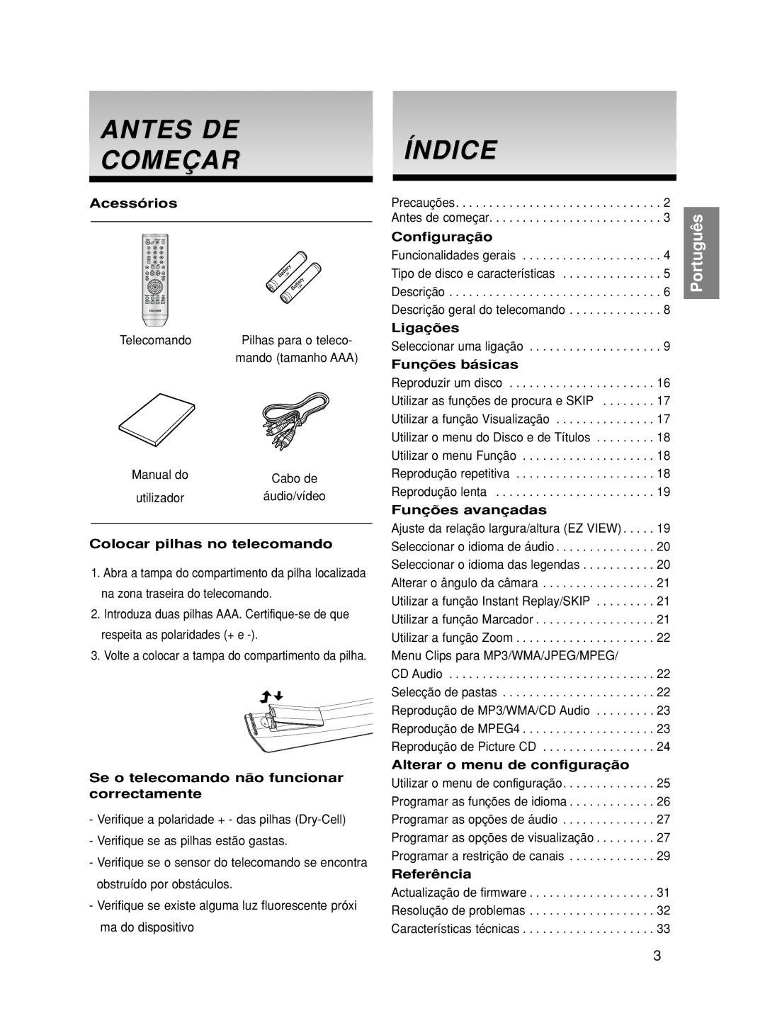 Samsung DVD-HD870/XEC, DVD-HD870/EUR manual Antes DE Começar, Índice 