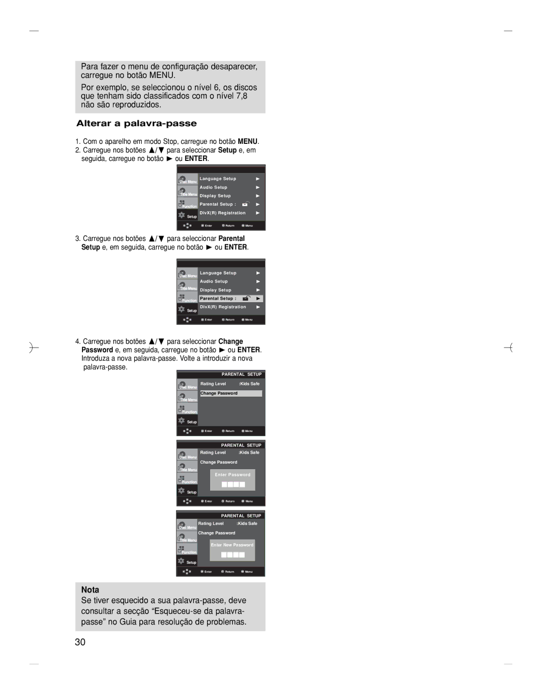 Samsung DVD-HD870/EUR, DVD-HD870/XEC manual Alterar a palavra-passe, Nota 