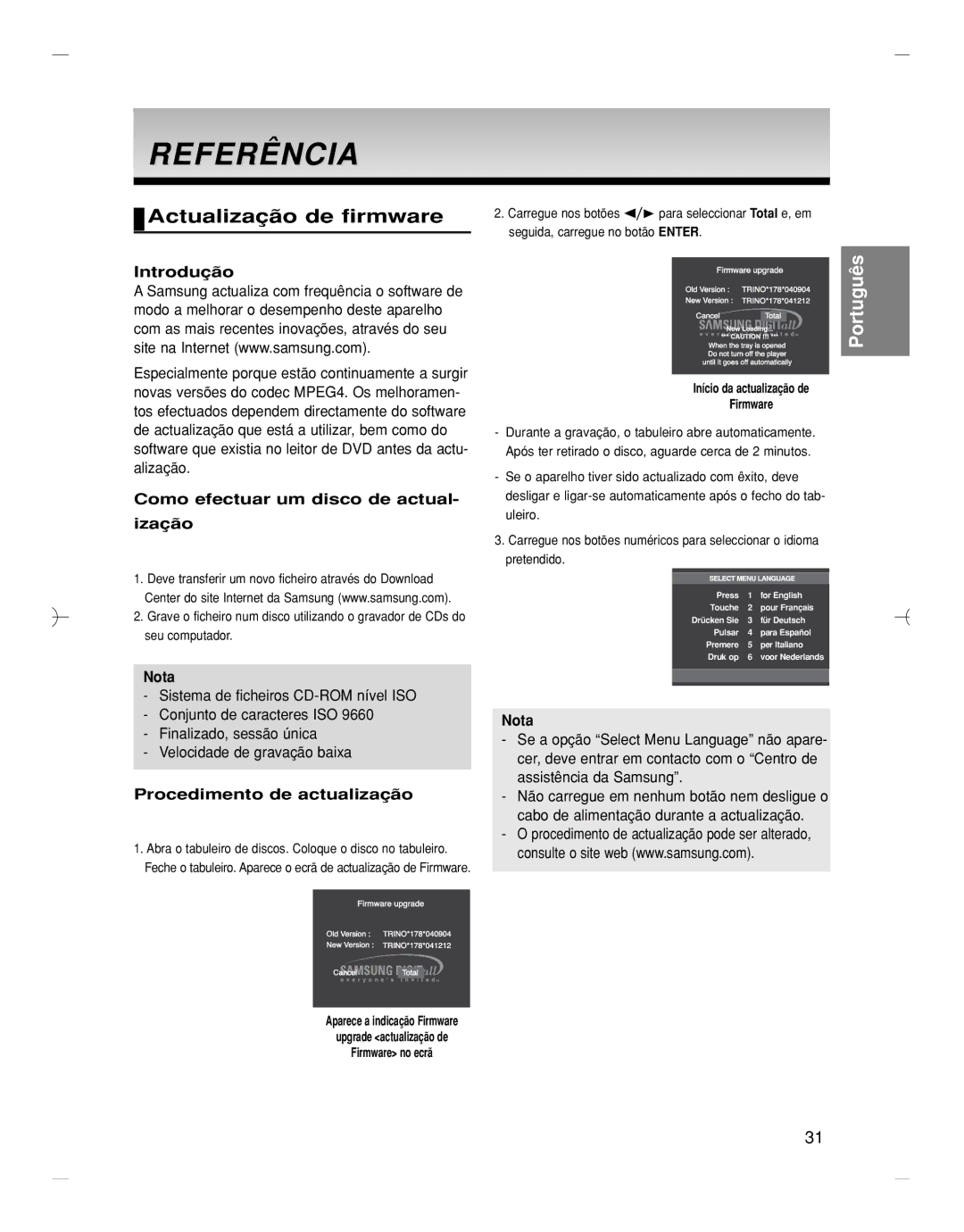 Samsung DVD-HD870/XEC manual Referência, Actualização de firmware, Introdução, Como efectuar um disco de actual Ização 