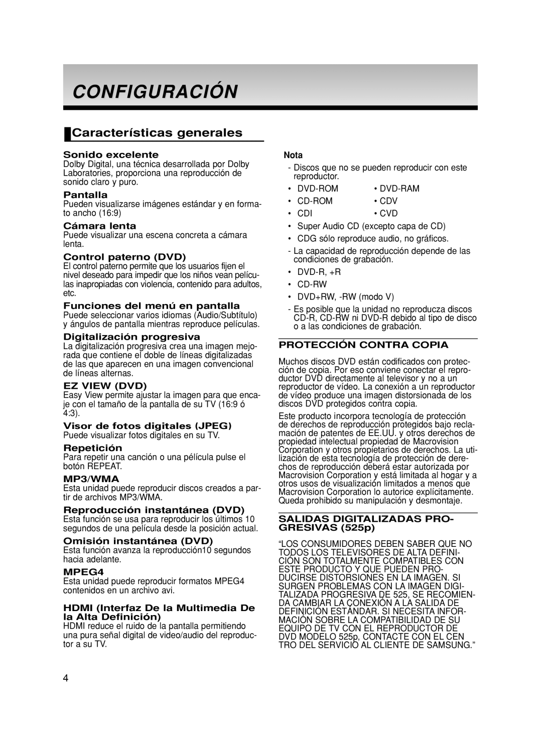 Samsung DVD-HD870/EUR, DVD-HD870/XEC manual Configuración, Características generales 