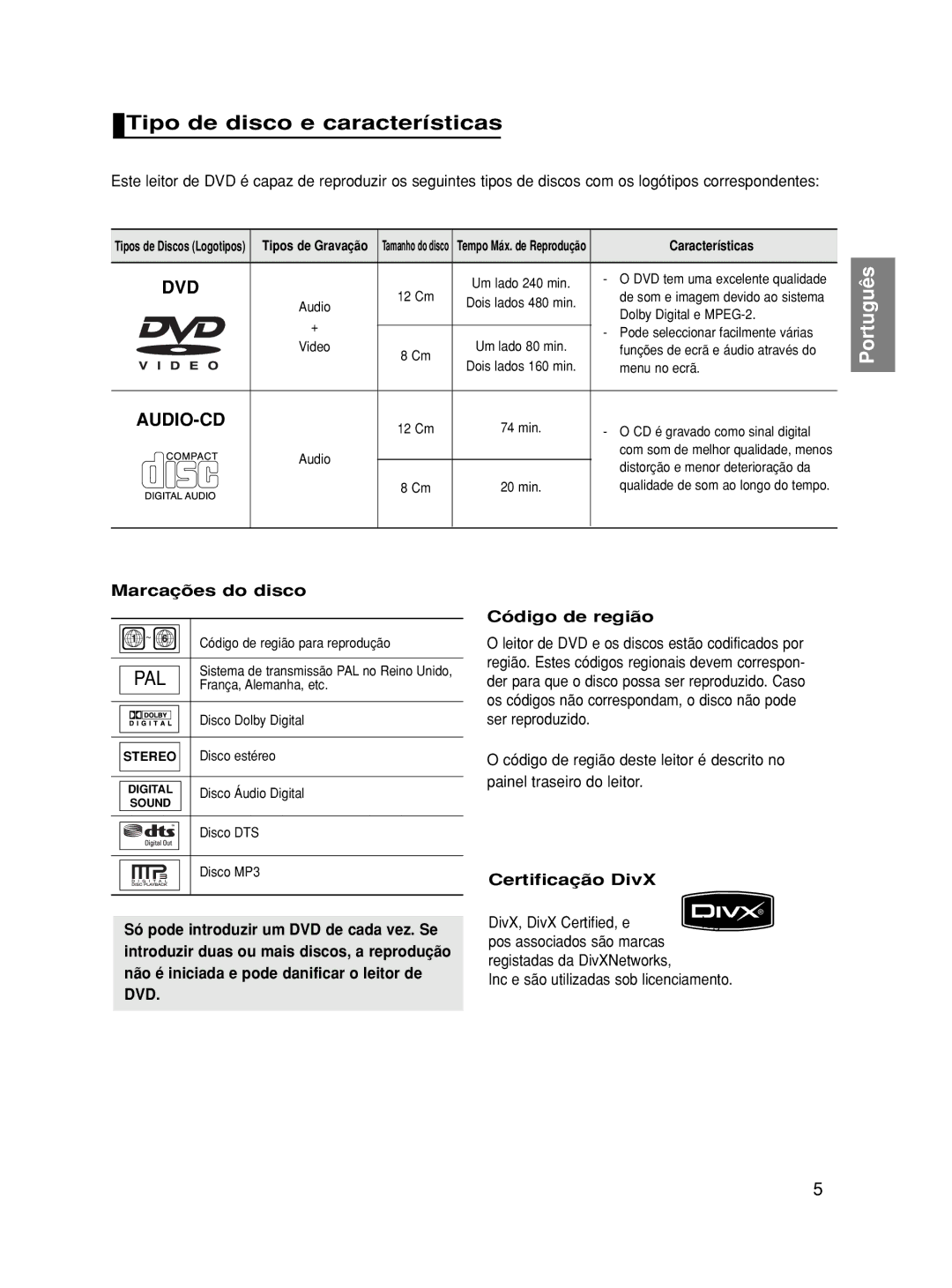 Samsung DVD-HD870/XEC manual Tipo de disco e características, Marcações do disco, Certificação DivX, Características 