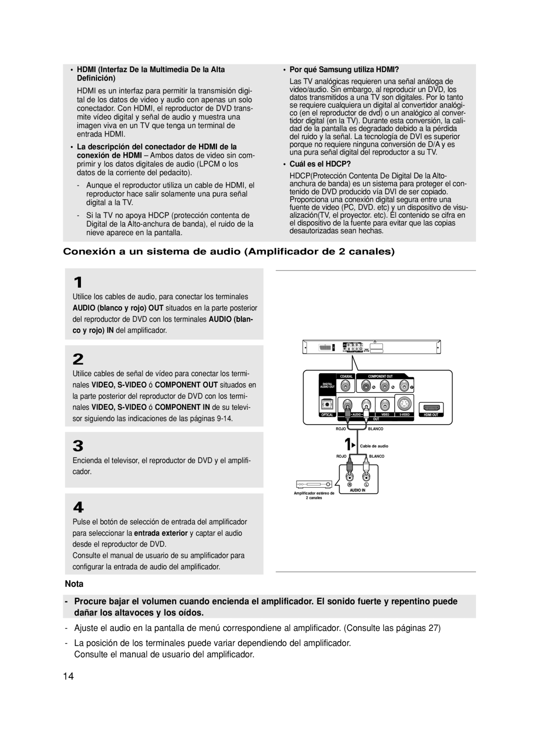 Samsung DVD-HD870/EUR manual Conexión a un sistema de audio Amplificador de 2 canales, Por qué Samsung utiliza HDMI? 