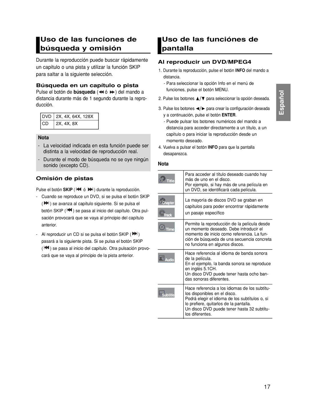 Samsung DVD-HD870/XEC Uso de las funciones de búsqueda y omisión, Uso de las funciónes de pantalla, Omisión de pistas 