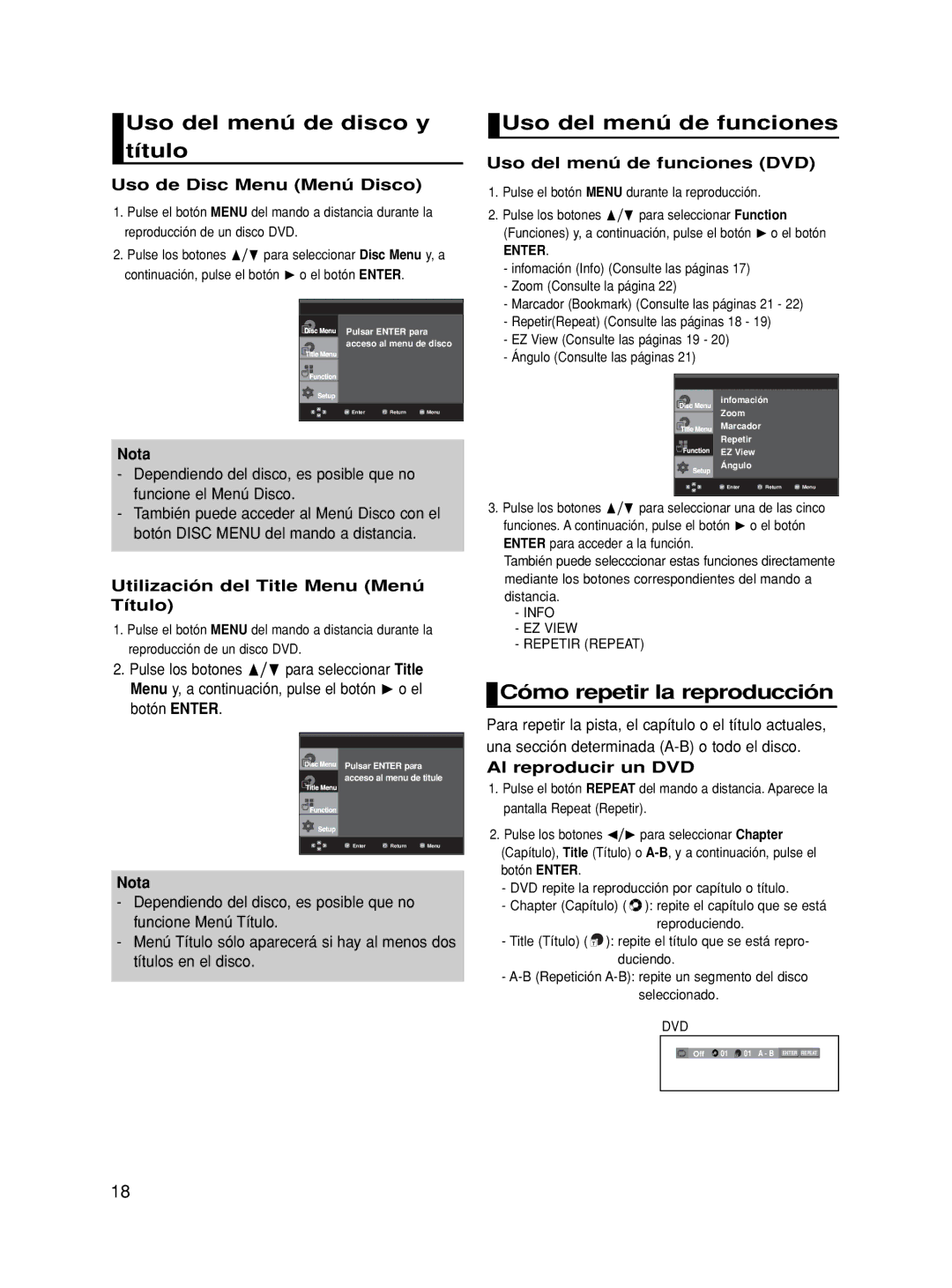 Samsung DVD-HD870/EUR manual Uso del menú de disco y título, Uso del menú de funciones, Cómo repetir la reproducción 