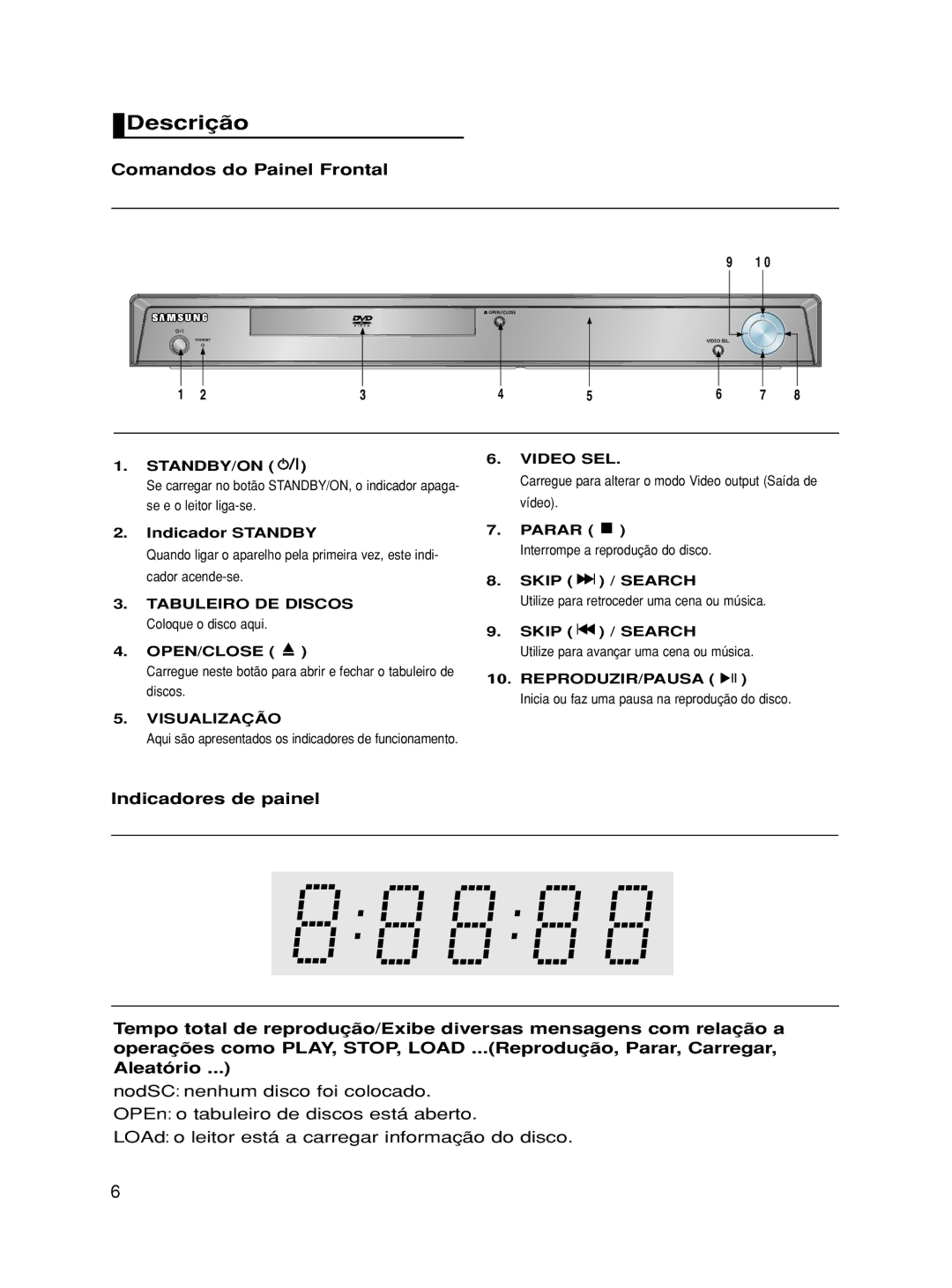 Samsung DVD-HD870/EUR, DVD-HD870/XEC manual Descrição, Comandos do Painel Frontal 